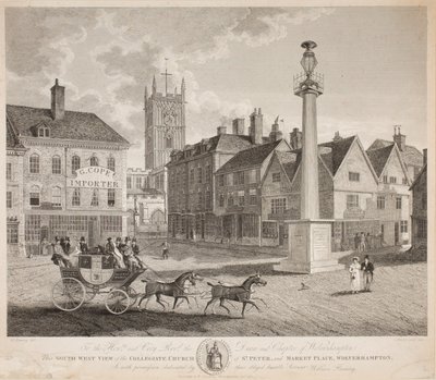 Die Südwestansicht der Kollegiatkirche St. Peter und Marktplatz, Wolverhampton von W. Fleeming
